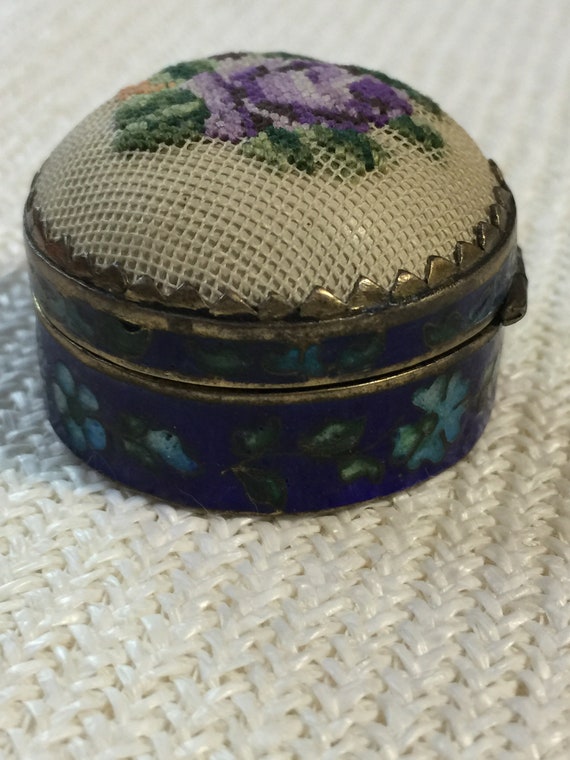 Needlepoint Pill Box Trinket Box Purple Rose Blue… - image 5