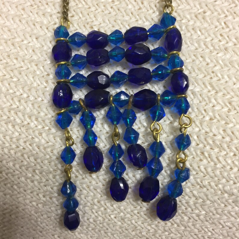 Vintage Blue Glass Bead Fringe Necklace Brass Tassel Victorian Neck Tie