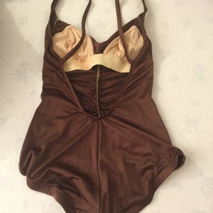 Stunning Robby Len Vintage Silky Brown Metallic One Piece Swimsuit Gathered Ruched Shorts Open Back Halter image 3