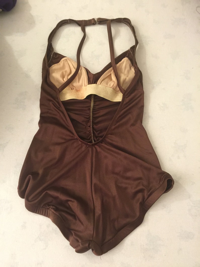 Stunning Robby Len Vintage Silky Brown Metallic One Piece Swimsuit Gathered Ruched Shorts Open Back Halter image 3