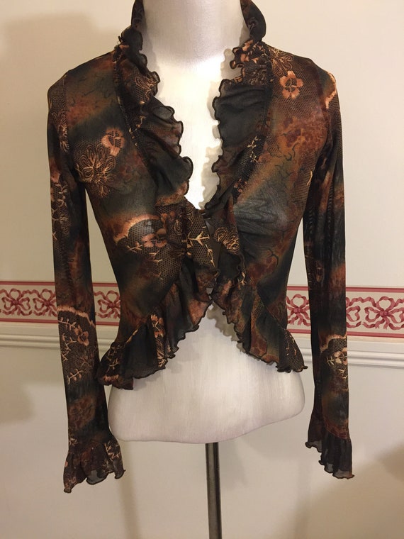 Vintage Dragon Jersey Knit Ruffled Blouse Sheer K… - image 2
