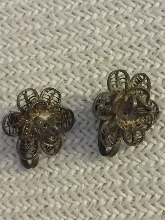 Boucles D'oreilles Et Broche En Argent Massif Filigrane Antique - Style Vintage, Fermoir Clip, Occasion