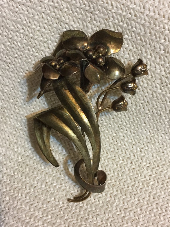 Gold Floral Brooch Pin Vintage Silver & Vermeil 1… - image 2