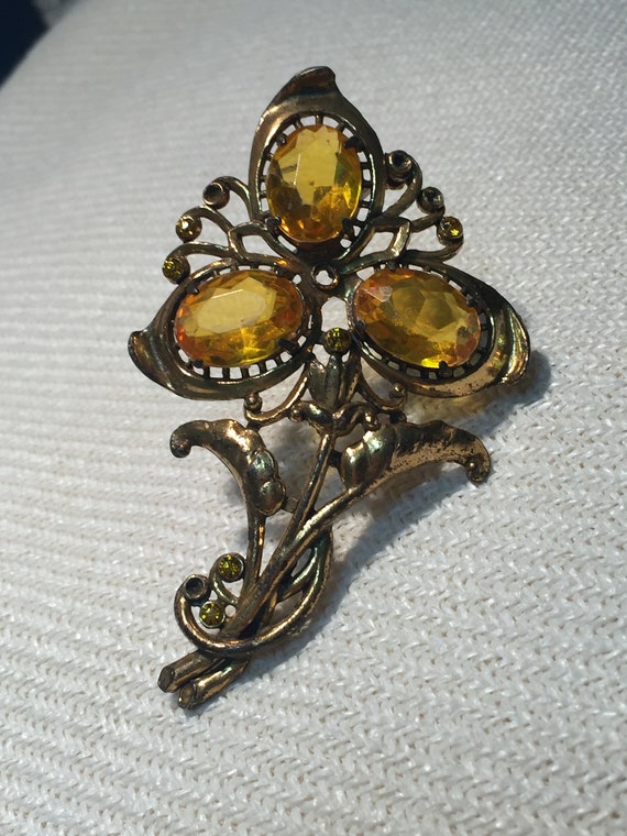 Vintage Citrine Brooch Large Flower Pin Filigree … - image 1