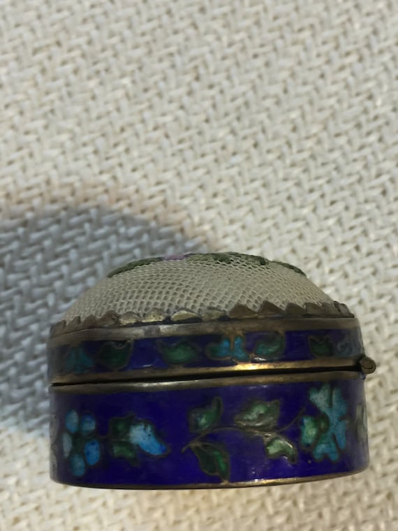 Needlepoint Pill Box Trinket Box Purple Rose Blue… - image 1