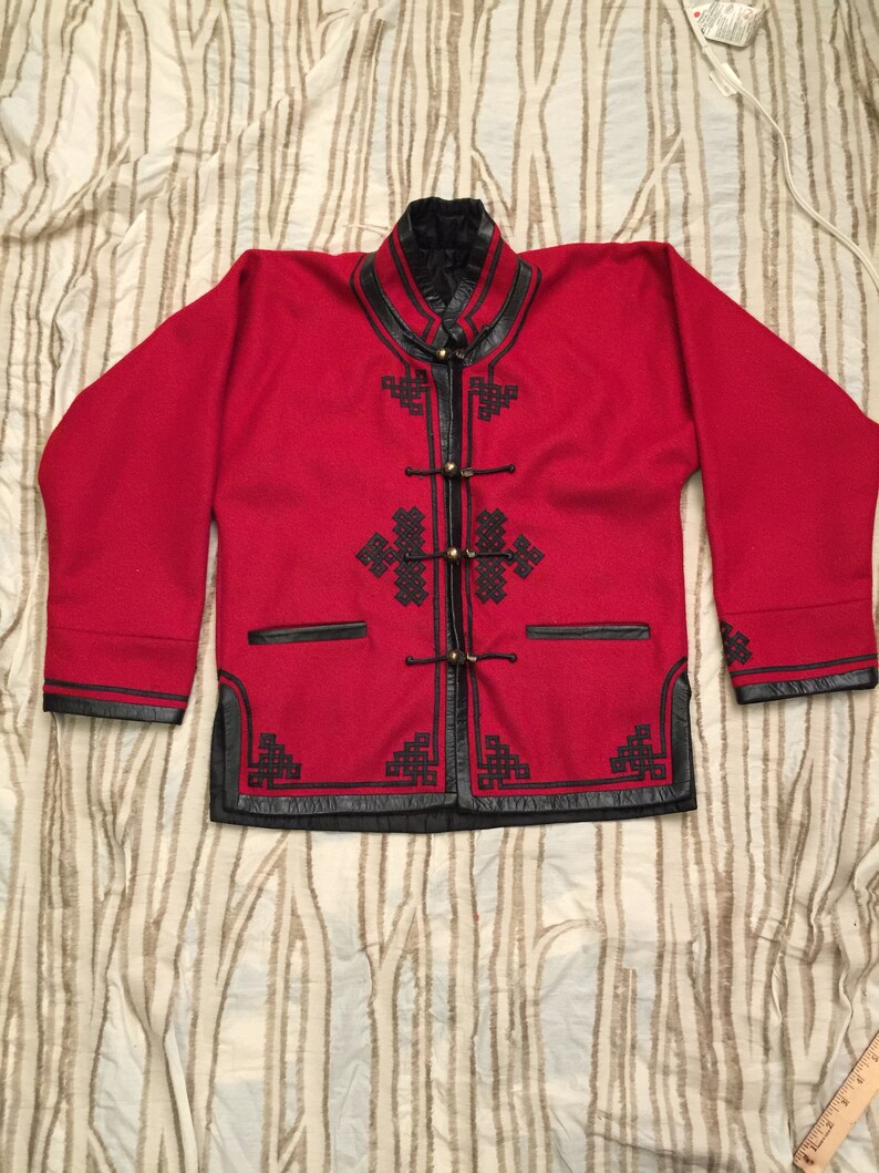 OOAK Stunning Vintage Red Wool Coat Asian Toggle Leather Trimmed Coat Blazer Top Mock Neck Mongolian Felt Silver Brass Buttons