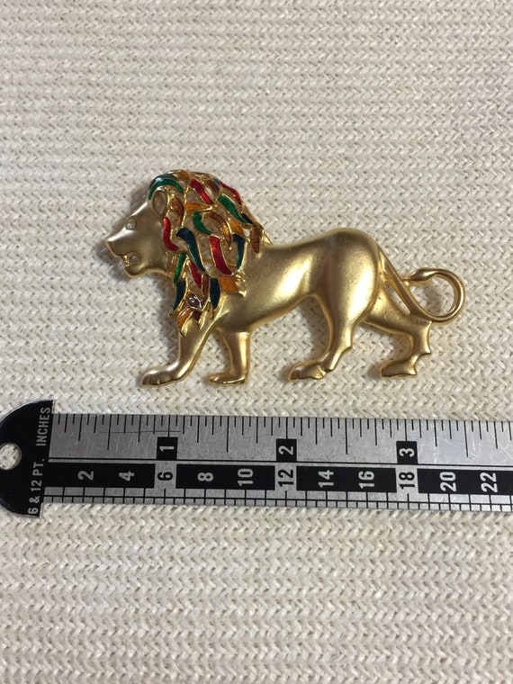 Massive Gold Lion Brooch Pin Enamel Rhinestone Eye