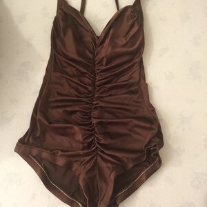 Stunning Robby Len Vintage Silky Brown Metallic One Piece Swimsuit Gathered Ruched Shorts Open Back Halter image 6