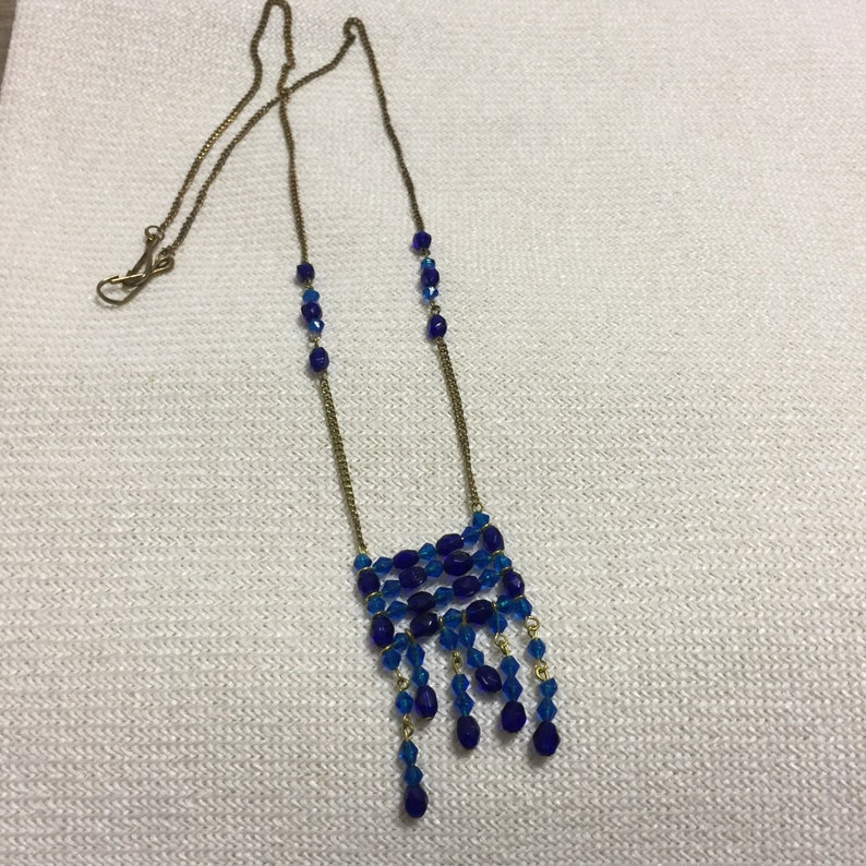 Vintage Blue Glass Bead Fringe Necklace Brass Tassel Victorian Neck Tie