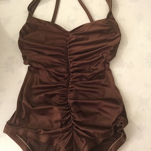 Stunning Robby Len Vintage Silky Brown Metallic One Piece Swimsuit Gathered Ruched Shorts Open Back Halter image 1