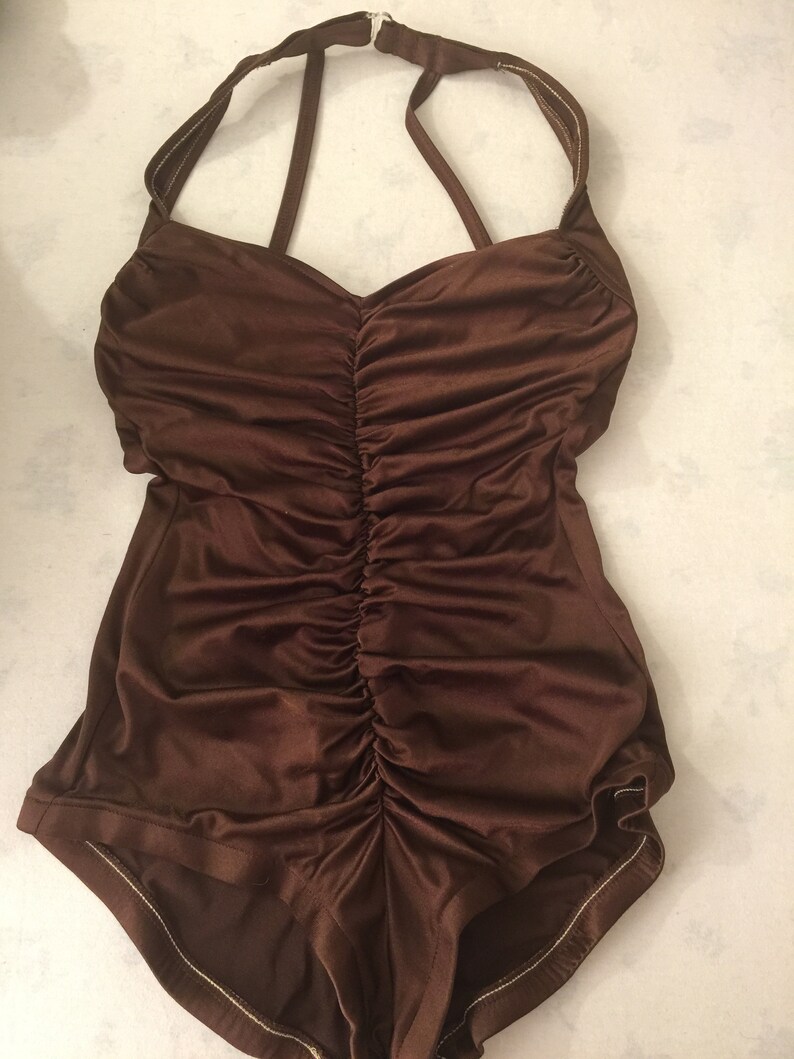 Stunning Robby Len Vintage Silky Brown Metallic One Piece Swimsuit Gathered Ruched Shorts Open Back Halter image 1