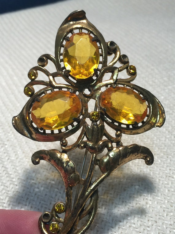 Vintage Citrine Brooch Large Flower Pin Filigree … - image 8