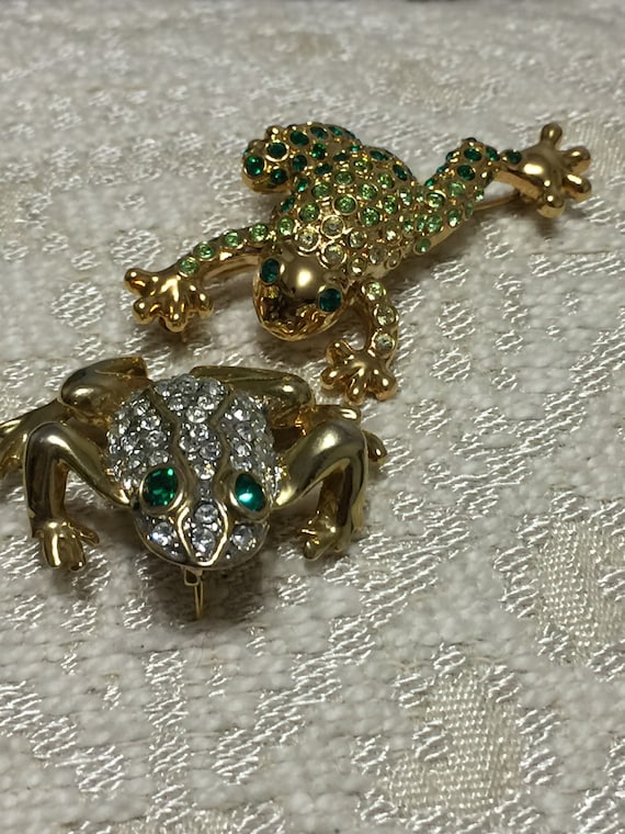 Vintage Lot Frog Pins Brooch Two Rhinestone Jewele