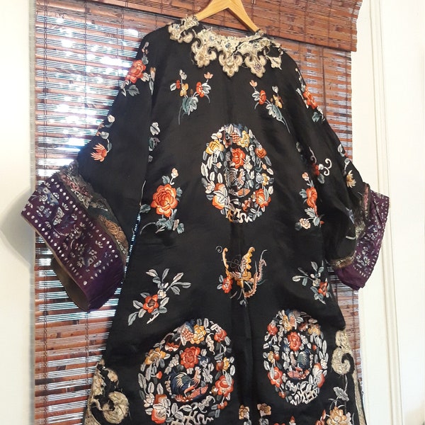 Estate Antique Black Kimono Robe Lined Royal Silk Embroidered Kimono Dress flower Butterfly Birds Black Couture Collectible Wall Art Asian