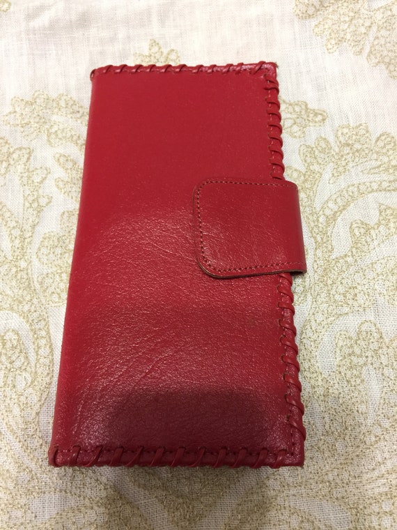 Red Leather Wallet Red Checkbook Vintage Wallet Wo