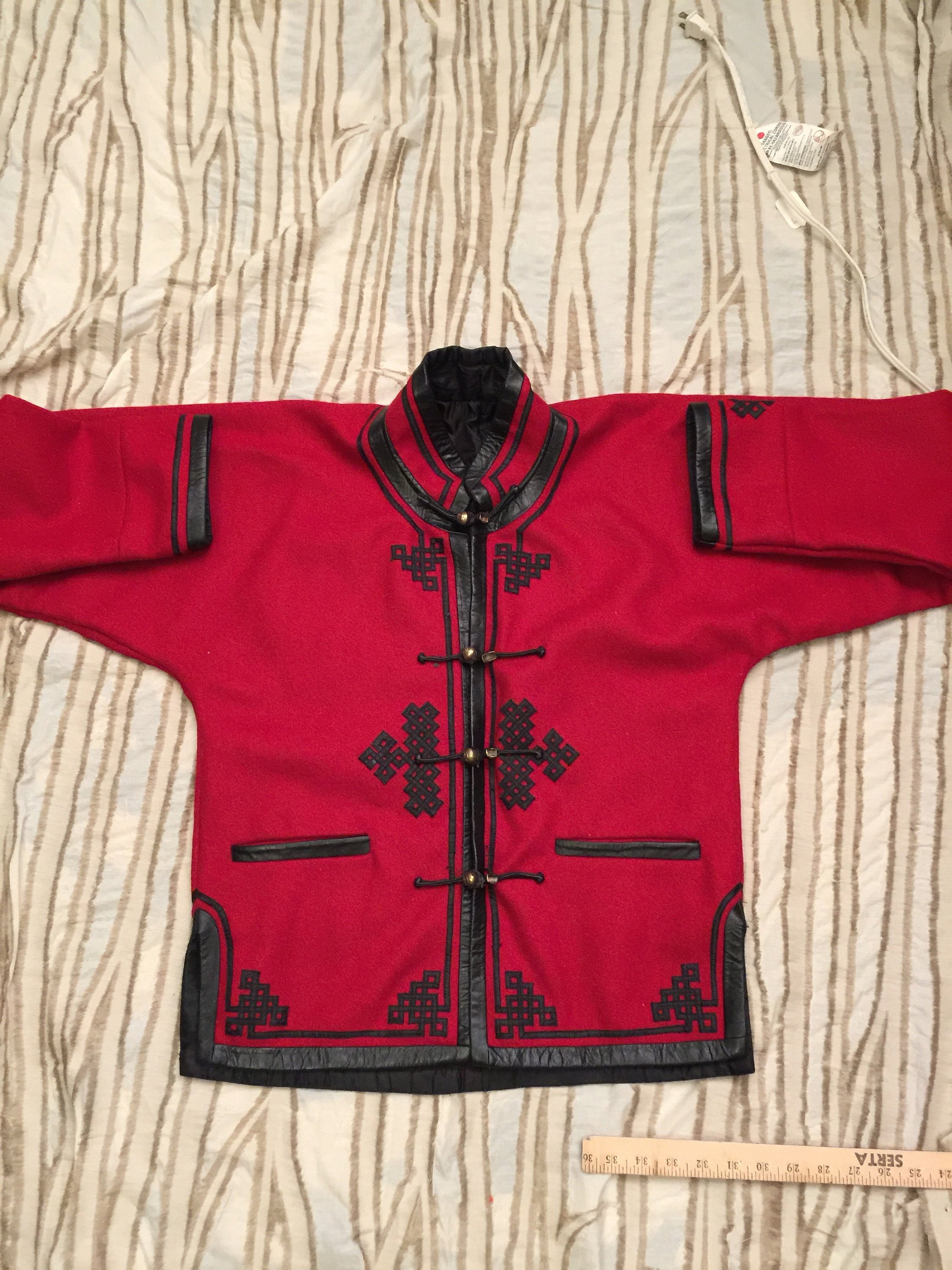 Red Wool Coat Leather Asian Coat Kimono Toggle Leather