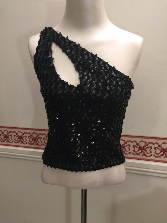 Vintage Cut Out Top Jeweled Black Sequin Top Shee… - image 1