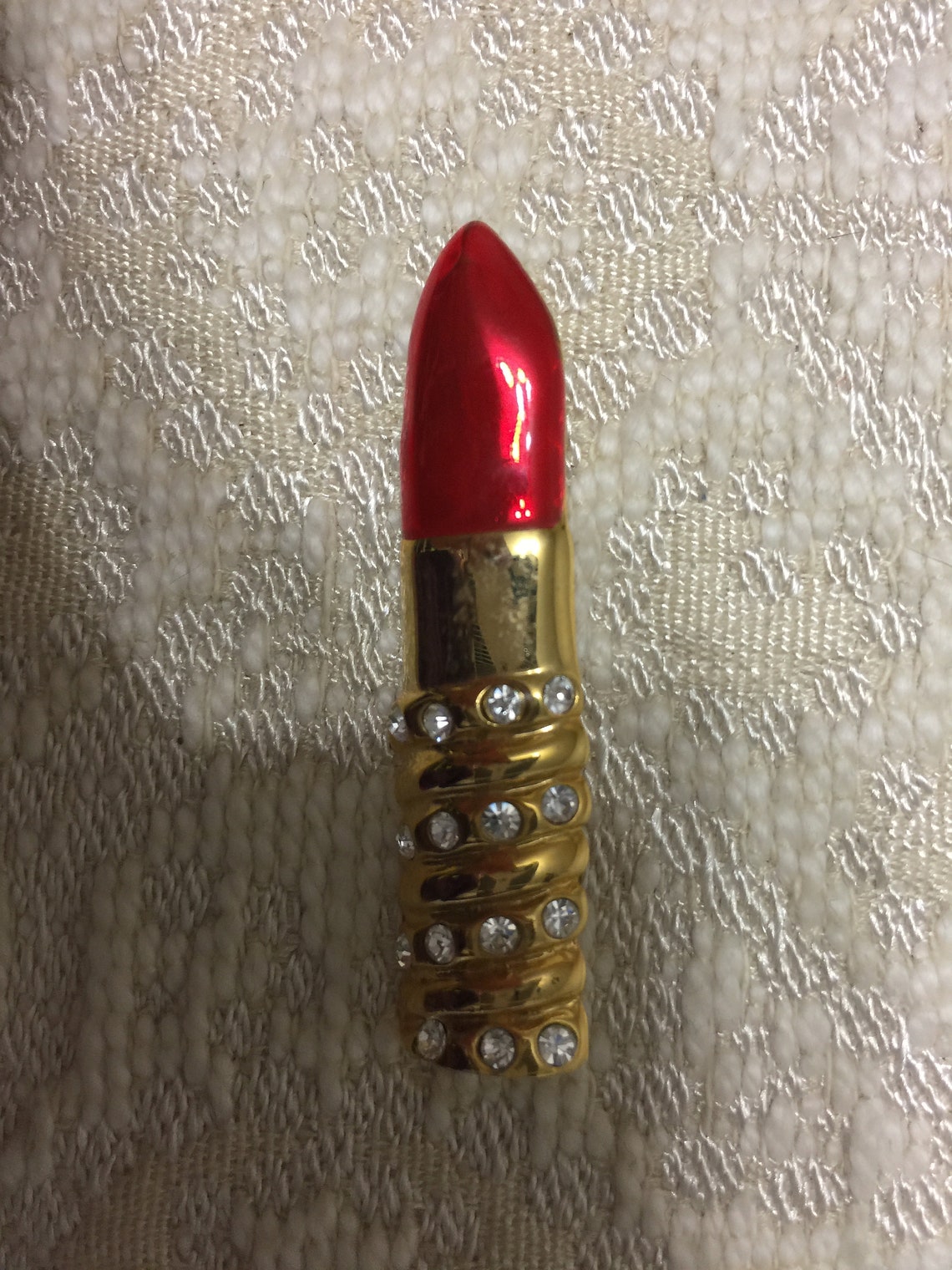 Gold Rhinestone Enamel Lipstick Brooch Lippy Vintage Beauty Vanity