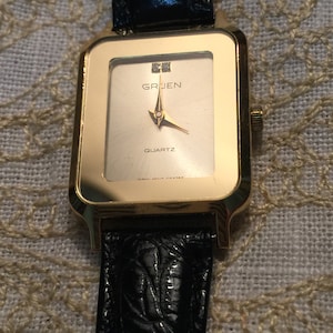 Stunning Gold Gruen Watch Diamond Quartz Yellow Gold Black Band Leather Stretch Bracelet Ladies Wrist Watch Plated Masterpiece Ladies