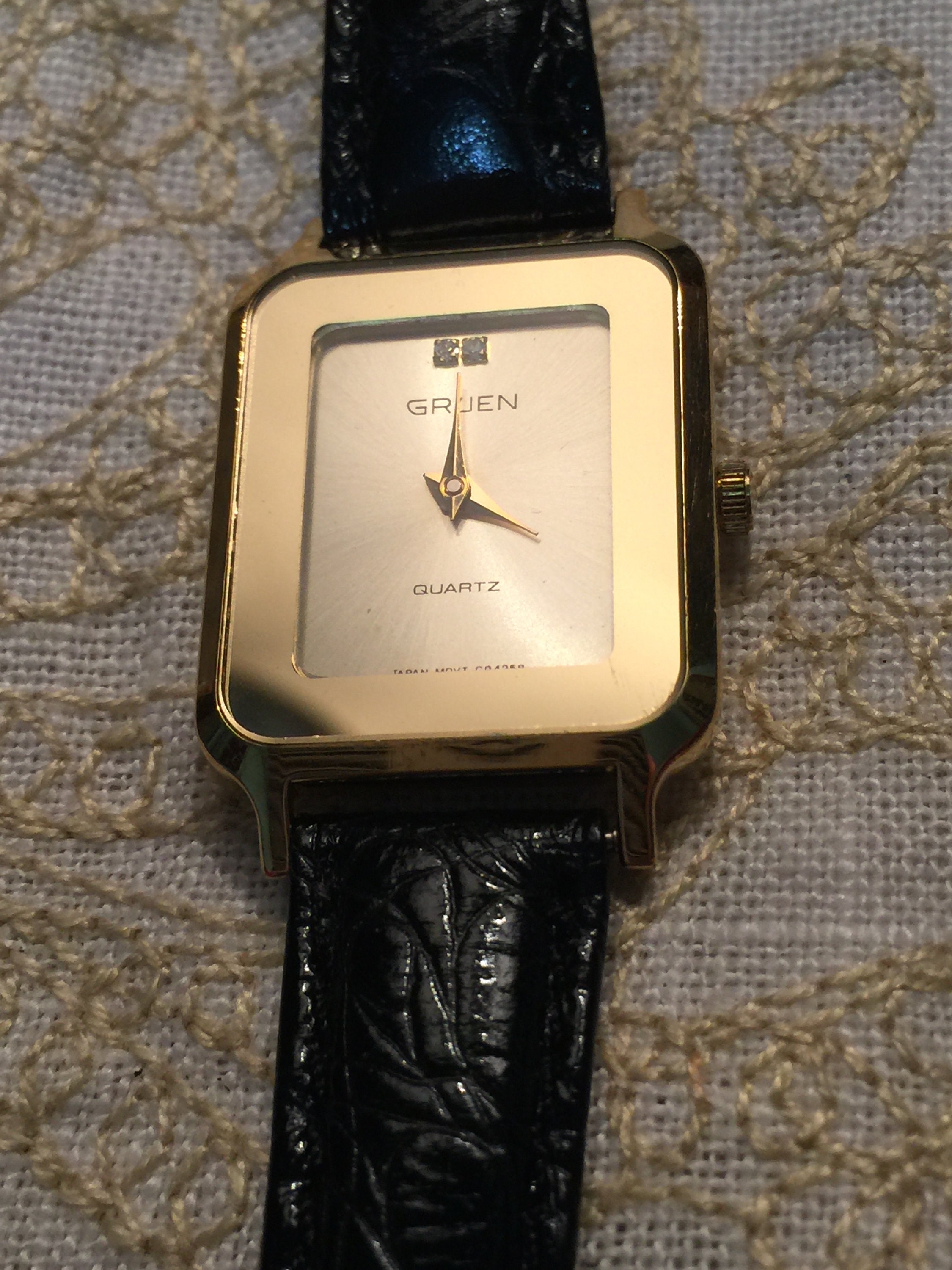 Stunning Gold Gruen Watch Diamond Quartz Yellow Gold Black Band Leather Stretch Bracelet Ladies Wrist Watch Plated Masterpiece Ladies Etsy