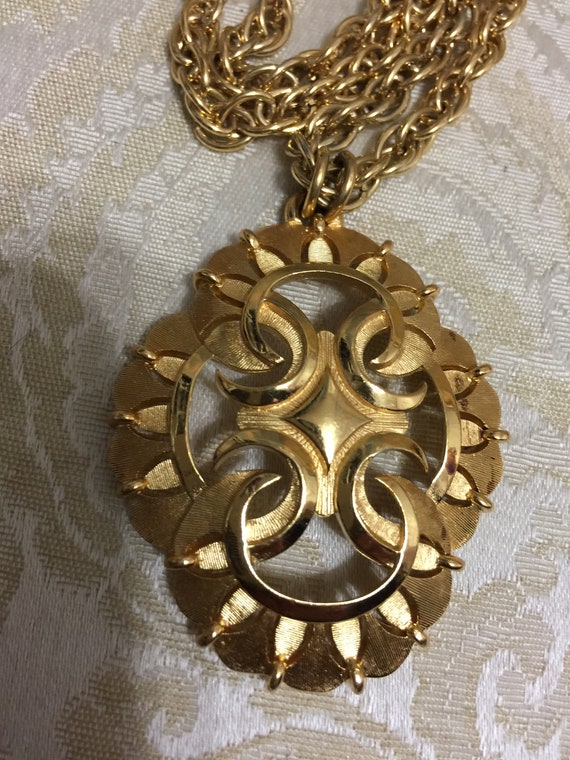 Vintage Trifari Gold Shield Necklace Sphere Long … - image 2