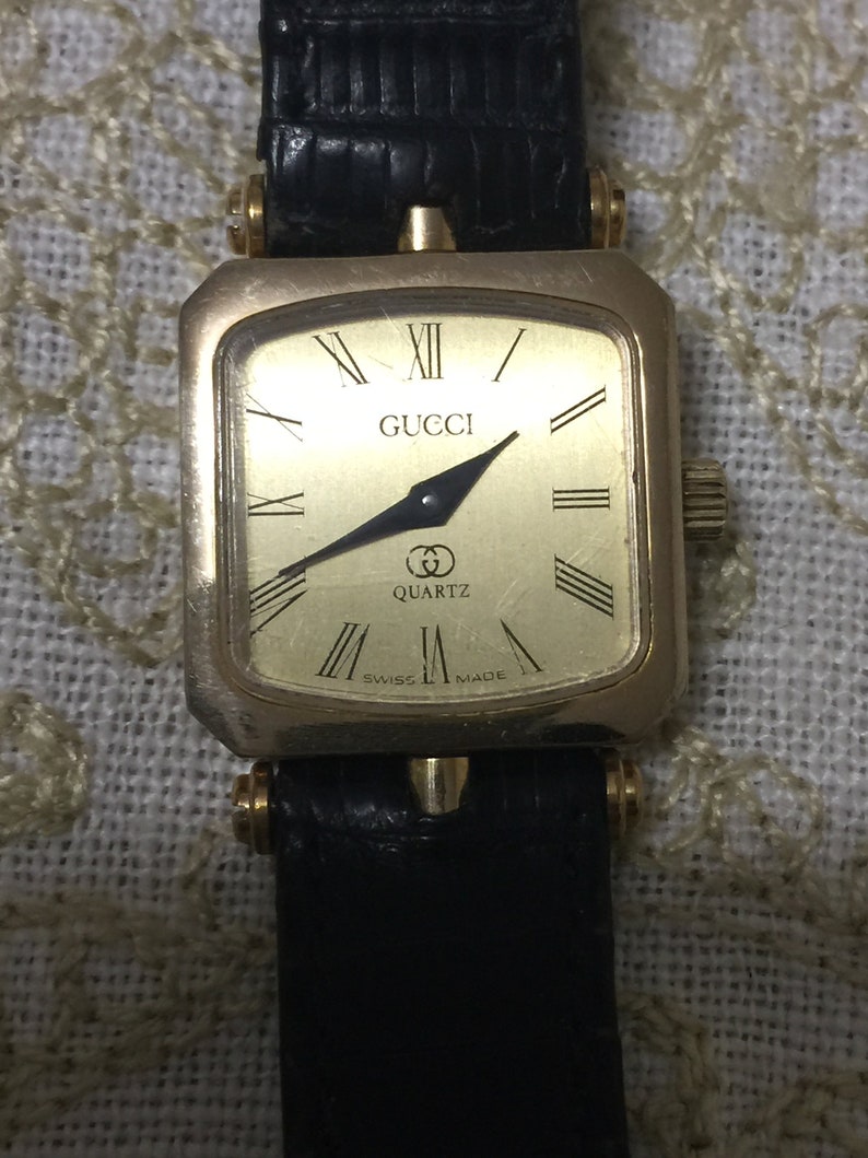 Vintage Gucci Watch Gold Gucci Stacked Watch Black Band Enamel Green