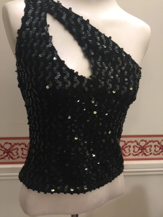 Vintage Cut Out Top Jeweled Black Sequin Top Shee… - image 2