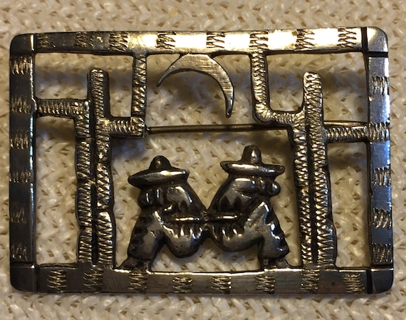 Vintage Sterling Silver Brooch Pin Two Amigos Mex… - image 1