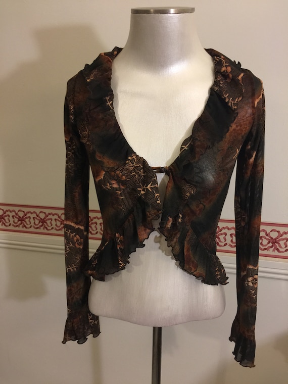 Vintage Dragon Jersey Knit Ruffled Blouse Sheer K… - image 7