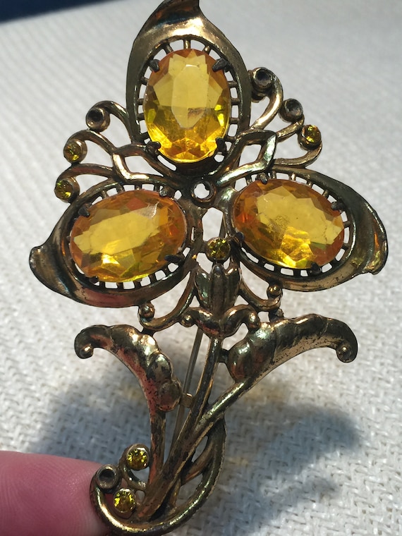 Vintage Citrine Brooch Large Flower Pin Filigree … - image 2