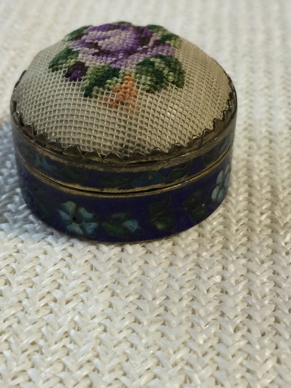 Needlepoint Pill Box Trinket Box Purple Rose Blue… - image 4