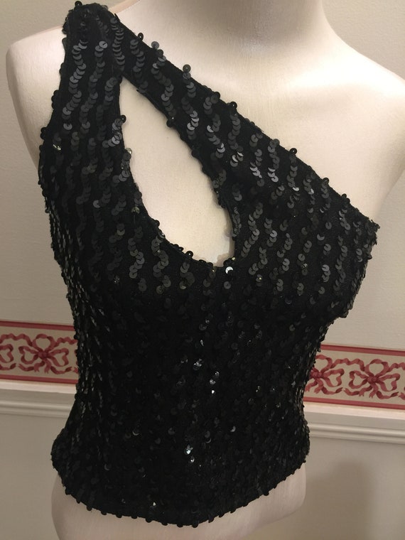 Vintage Cut Out Top Jeweled Black Sequin Top Shee… - image 3