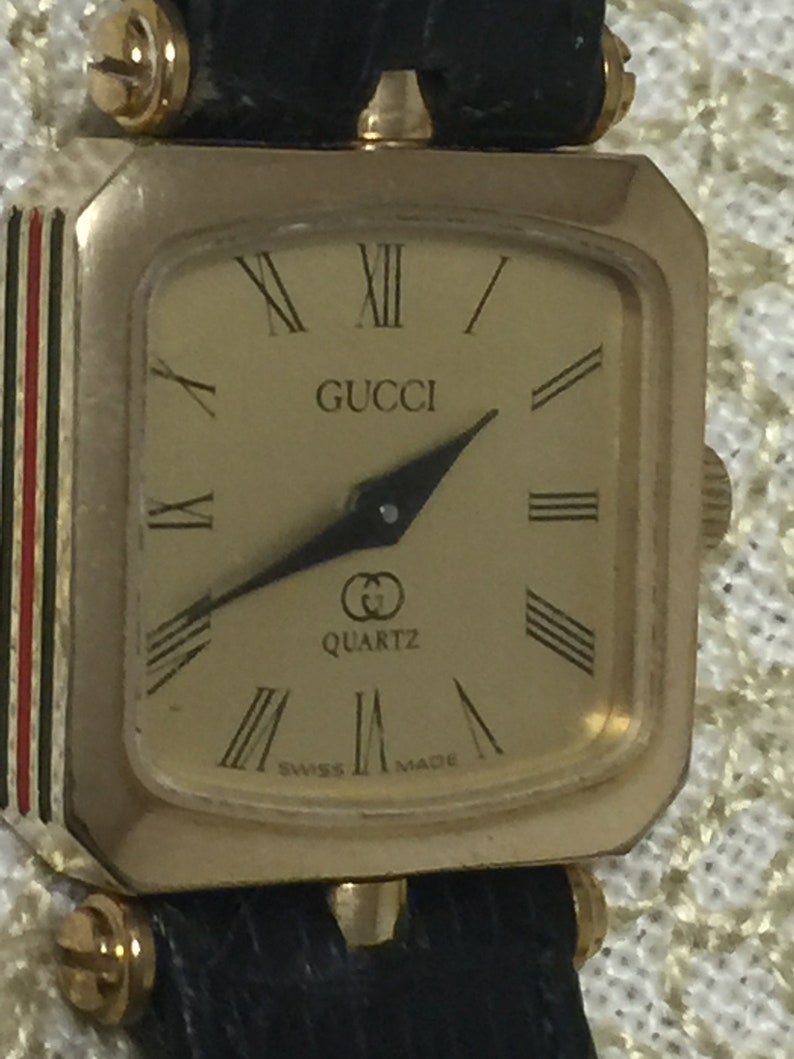 Vintage Gucci Watch Gold Gucci Stacked Watch Black Band Enamel Green