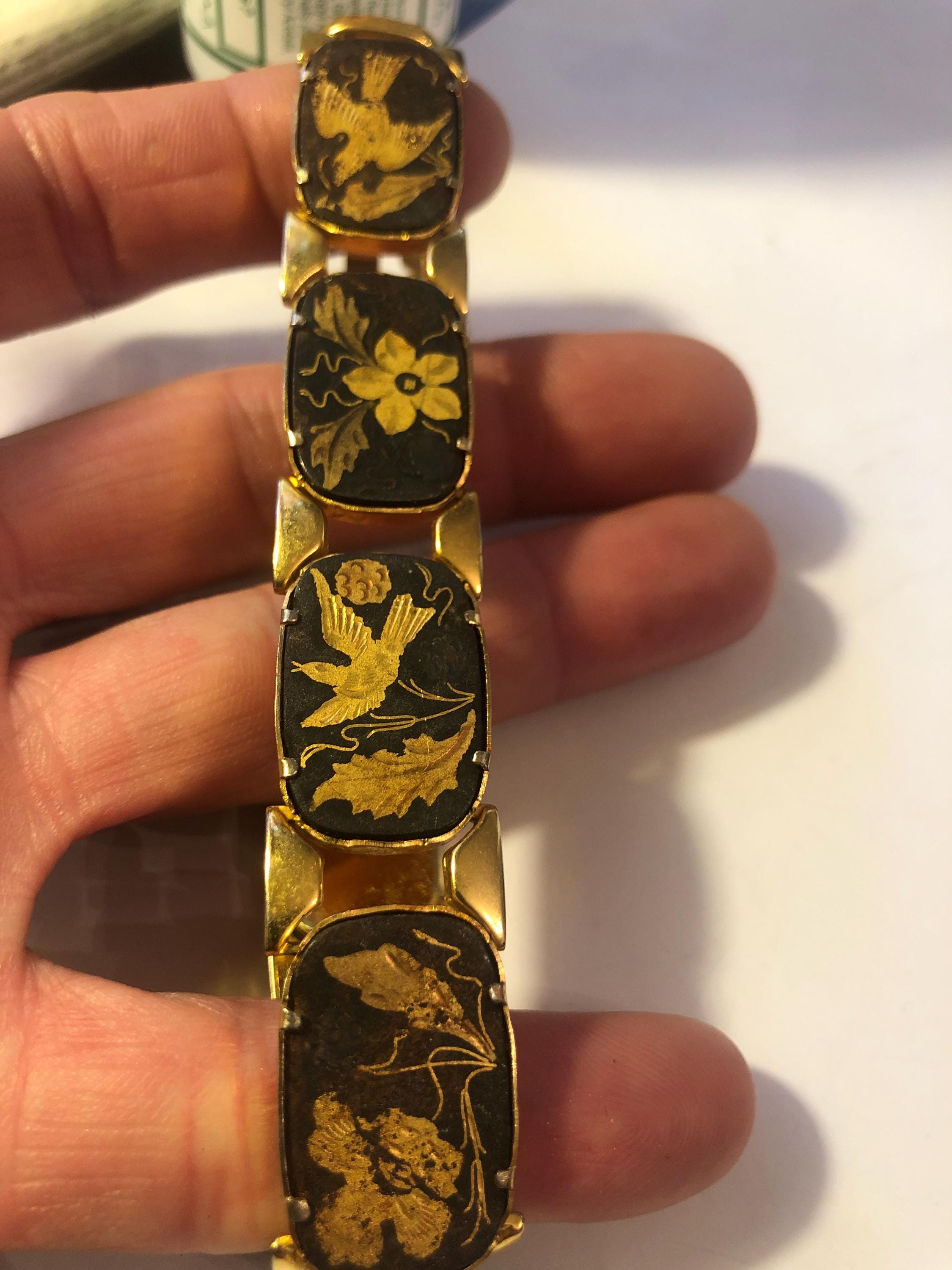 Bracelet Damascène Vintage En Or De Tolède – Années 60, Double Rang, 17-18 Cm