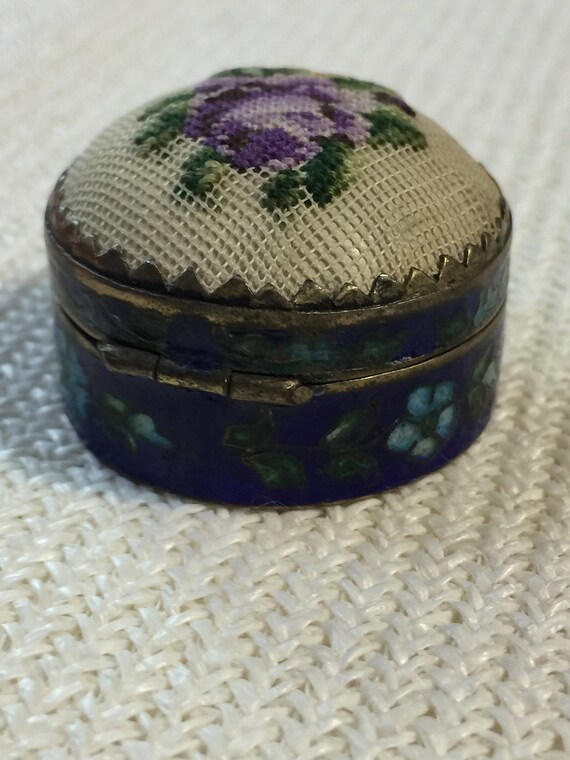 Needlepoint Pill Box Trinket Box Purple Rose Blue… - image 6