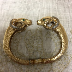 Brutalist Ram Bracelet KJL Avon Cuff Bracelet Collectible Ram Face Clamper Two Headed Faces Green Eyes Diamond Accents Rhinestone