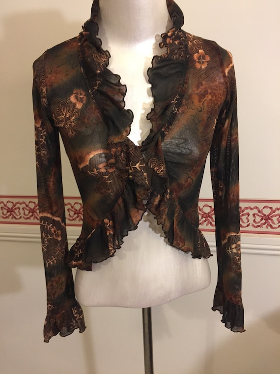 Vintage Dragon Jersey Knit Ruffled Blouse Sheer K… - image 3