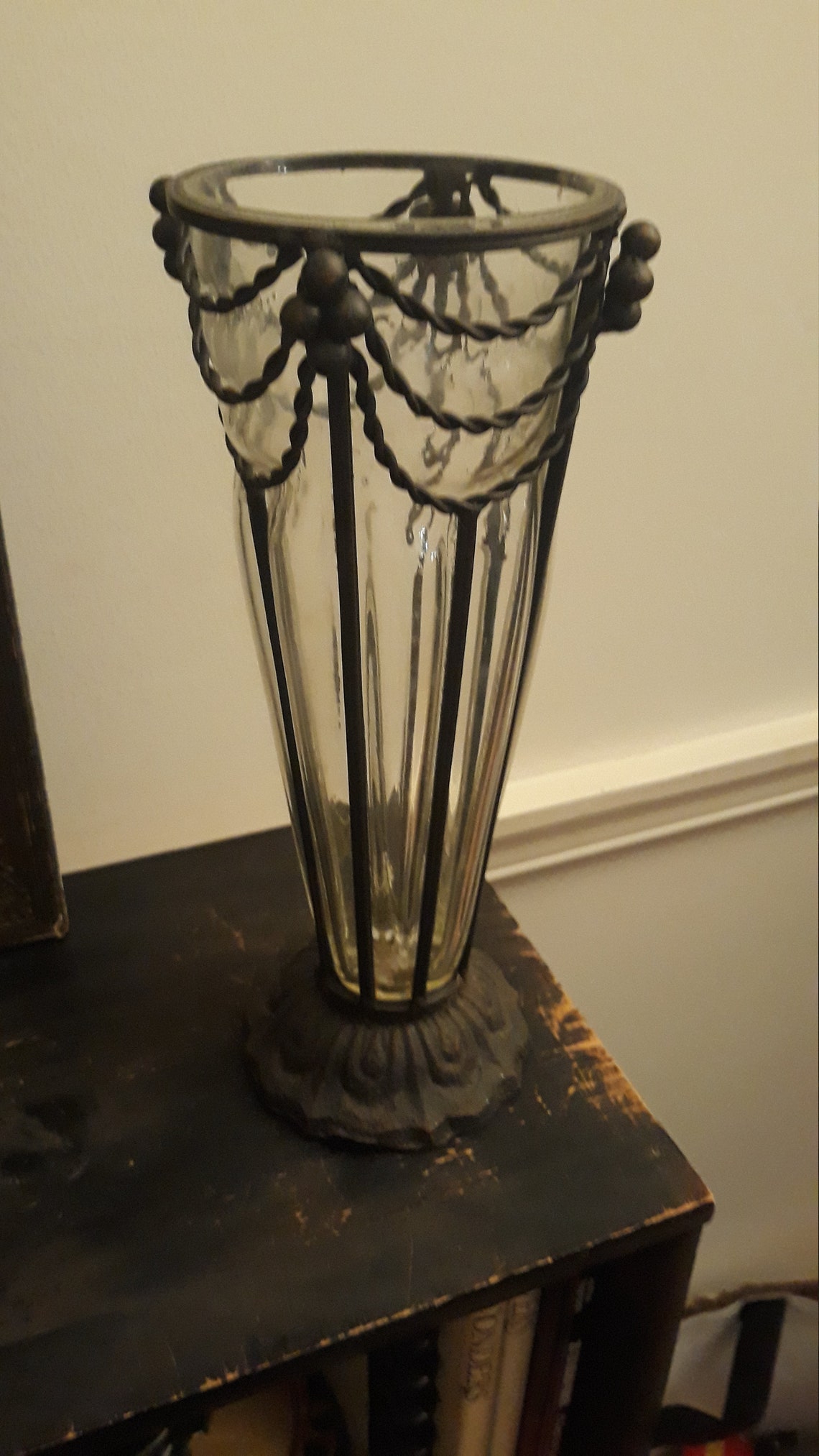 Ooak Antique Blown Glass Metal Vase Bronze Bubble Twisted Swag Etsy