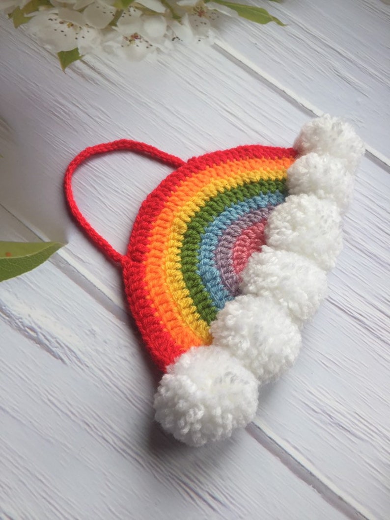 Crochet Rainbow with Pom Poms Wall Hanging