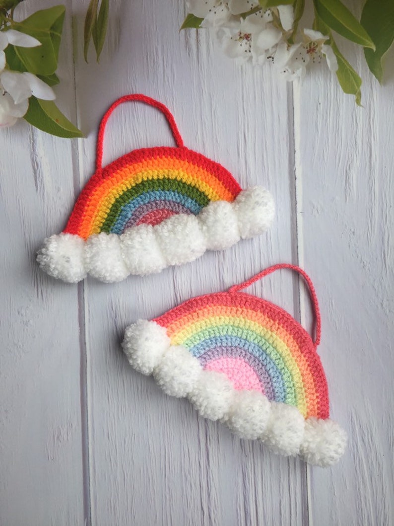 Crochet Rainbow with Pom Poms Wall Hanging