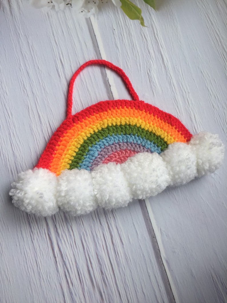 Crochet Rainbow with Pom Poms Wall Hanging
