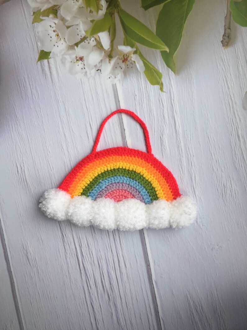 Crochet Rainbow with Pom Poms Wall Hanging