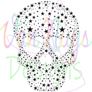 Puede incluir: Un diseño de calavera negra formado por pequeñas estrellas negras sobre un fondo blanco.