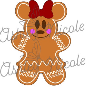May include: A gingerbread cookie in the shape of a cartoon character with mouse ears. The cookie has a red bow, pink cheeks, and white icing details. The cookie is brown with white zig-zag and wavy icing.