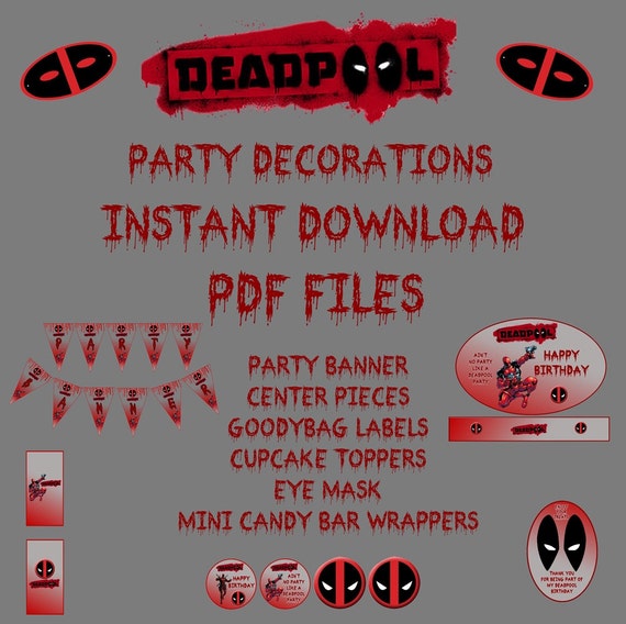 Deadpool Digital Party Decorations Banner Centerpiece And Etsy