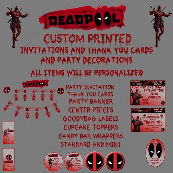 Deadpool Custom Printed Invitations Thank You Cards And Party Etsy
