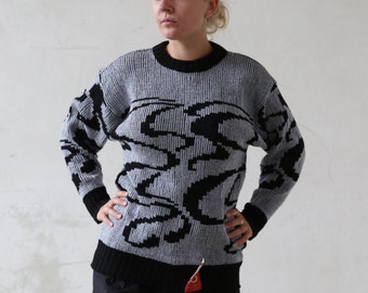 Chunky vintage sweater - gray and black abstract sweater - hipster oversize vintage sweater - knitted sweater