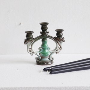 Vintage ceramic small triple candle stick holder candelabra traditional folk centrepiece candleholder handmade pottery