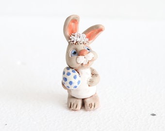 Vintage Easter bunny figurine earthenware rabbit and Easter egg cute pottery figurine