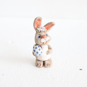 Vintage Earthenware Easter Bunny Figurine with Polka Dot Egg